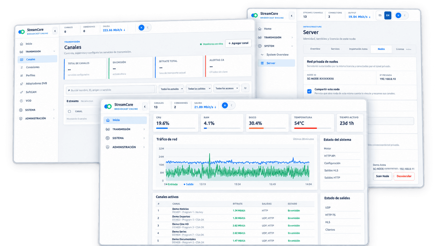 Real StreamCore dashboard, channels and nodes screens